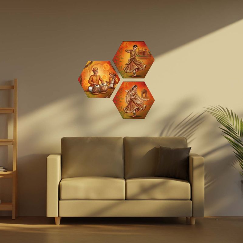 Set of 3 Hexagonal Shape Indian Classical Kathak Dance Wall Art Decor Traditional Musician and Dancer Theme Decor for Living Room, Office, and Cultural Wall Decoration